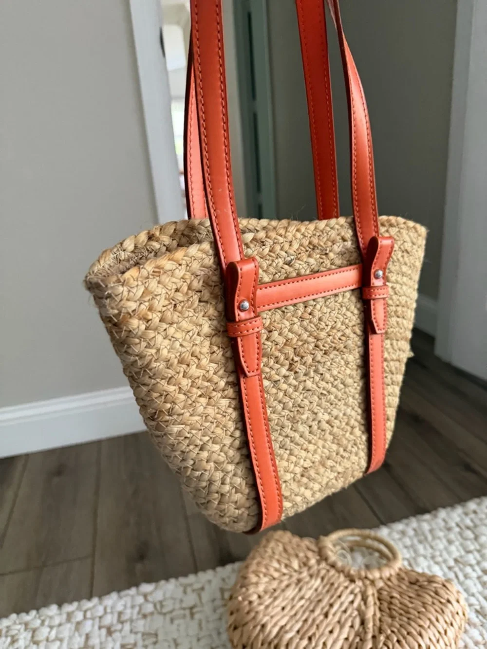 Zara Straw Tote with Bright Orange Trim and Handles - Picture 16 of 16